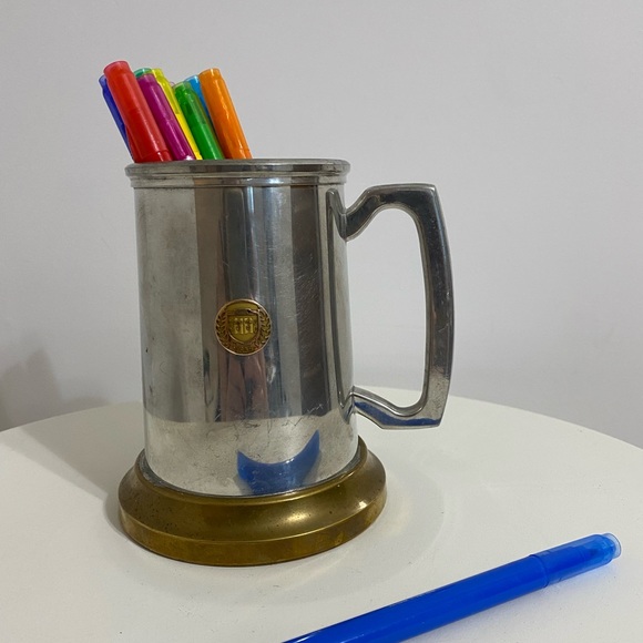 Yale Vintage Pewter & Brass Stein/ Mug with Glass - Picture 8 of 9